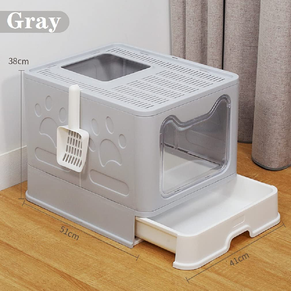 Large Cat Litter Box with Lid, Foldable Cat Litter Box ​With Cat Litter Scoop, Drawer Type Cat Litter Pan Easy to Scoop & Clean, Self Cleaning Cat Litter Box (Gray)