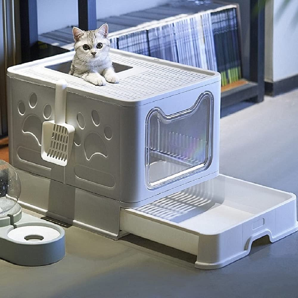 Large Cat Litter Box with Lid, Foldable Cat Litter Box ​With Cat Litter Scoop, Drawer Type Cat Litter Pan Easy to Scoop & Clean, Self Cleaning Cat Litter Box (Gray)