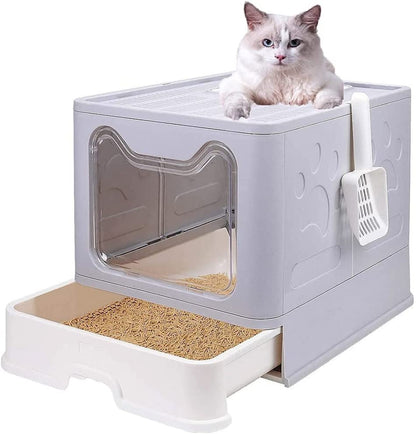 Large Cat Litter Box with Lid, Foldable Cat Litter Box ​With Cat Litter Scoop, Drawer Type Cat Litter Pan Easy to Scoop & Clean, Self Cleaning Cat Litter Box (Gray)